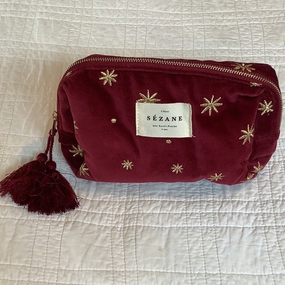 SEZANE Burgundy Gold Velvet Cosmetic Pouch Bag - Picture 5 of 6